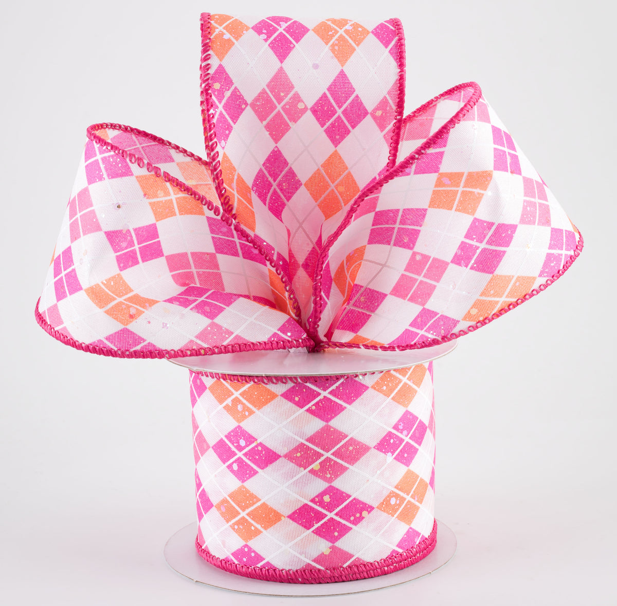 2.5" Iridescent Argyle Ribbon: White, Pink, Fuchsia & Peach (10 Yards)