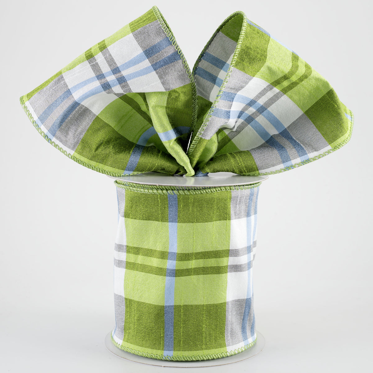 4" Faux Dupioni Plaid Ribbon: Kiwi Green, Iris Blue & White (10 Yards)