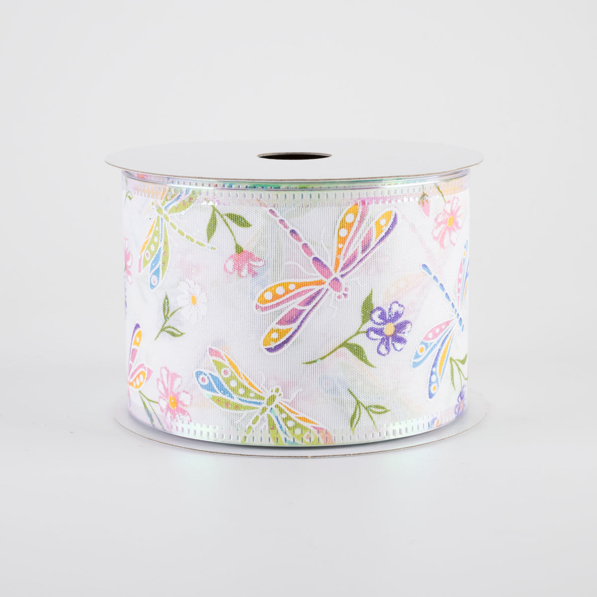 2.5" Iridescent Dragonflies & Flowers Ribbon: White (10 Yards)