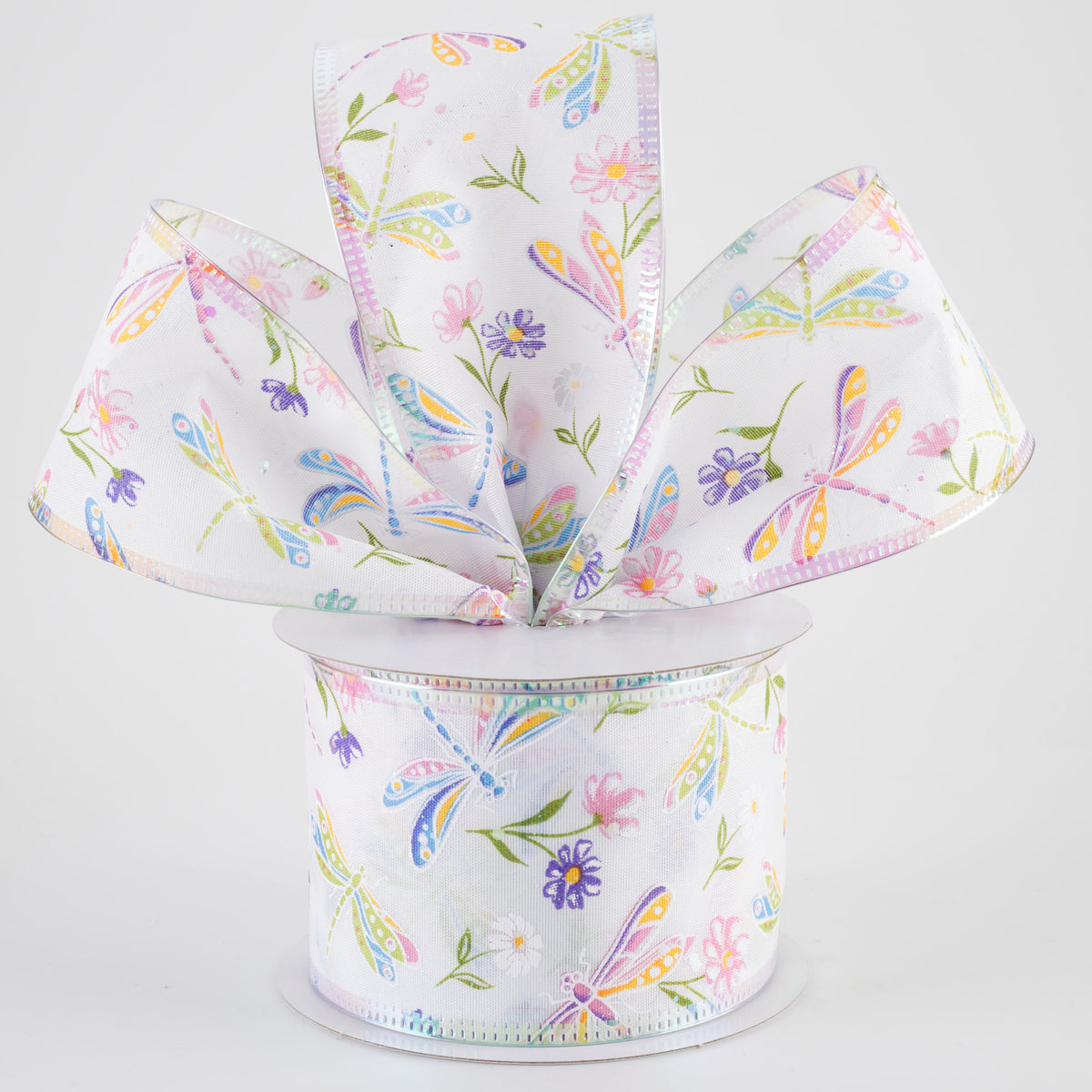 2.5" Iridescent Dragonflies & Flowers Ribbon: White (10 Yards)