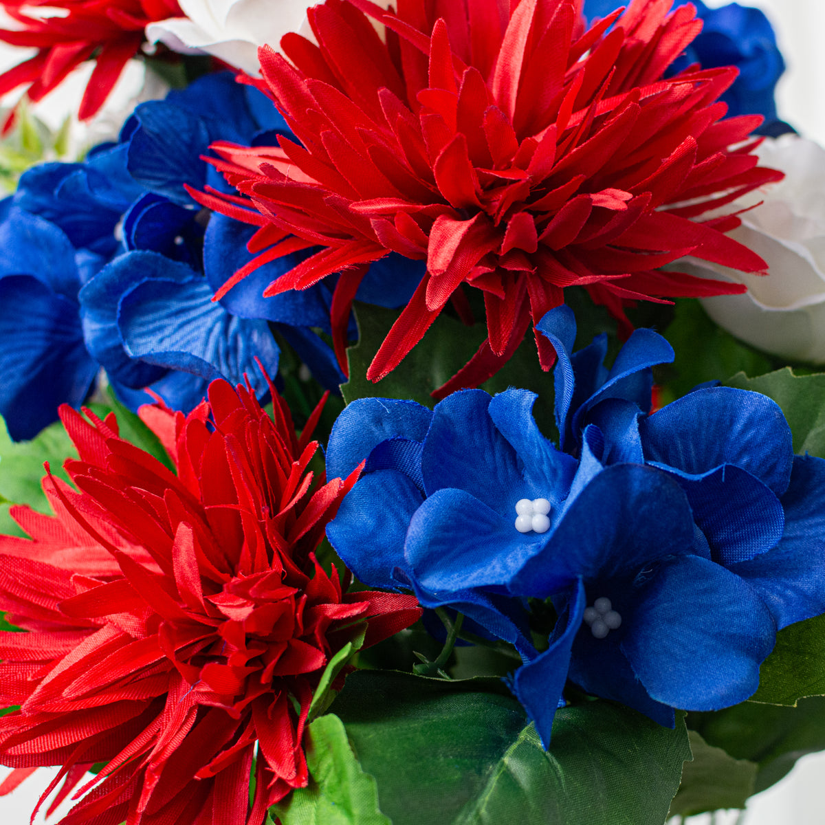 20" Rose, Hydrangea & Mum Bush: Red, White & Blue