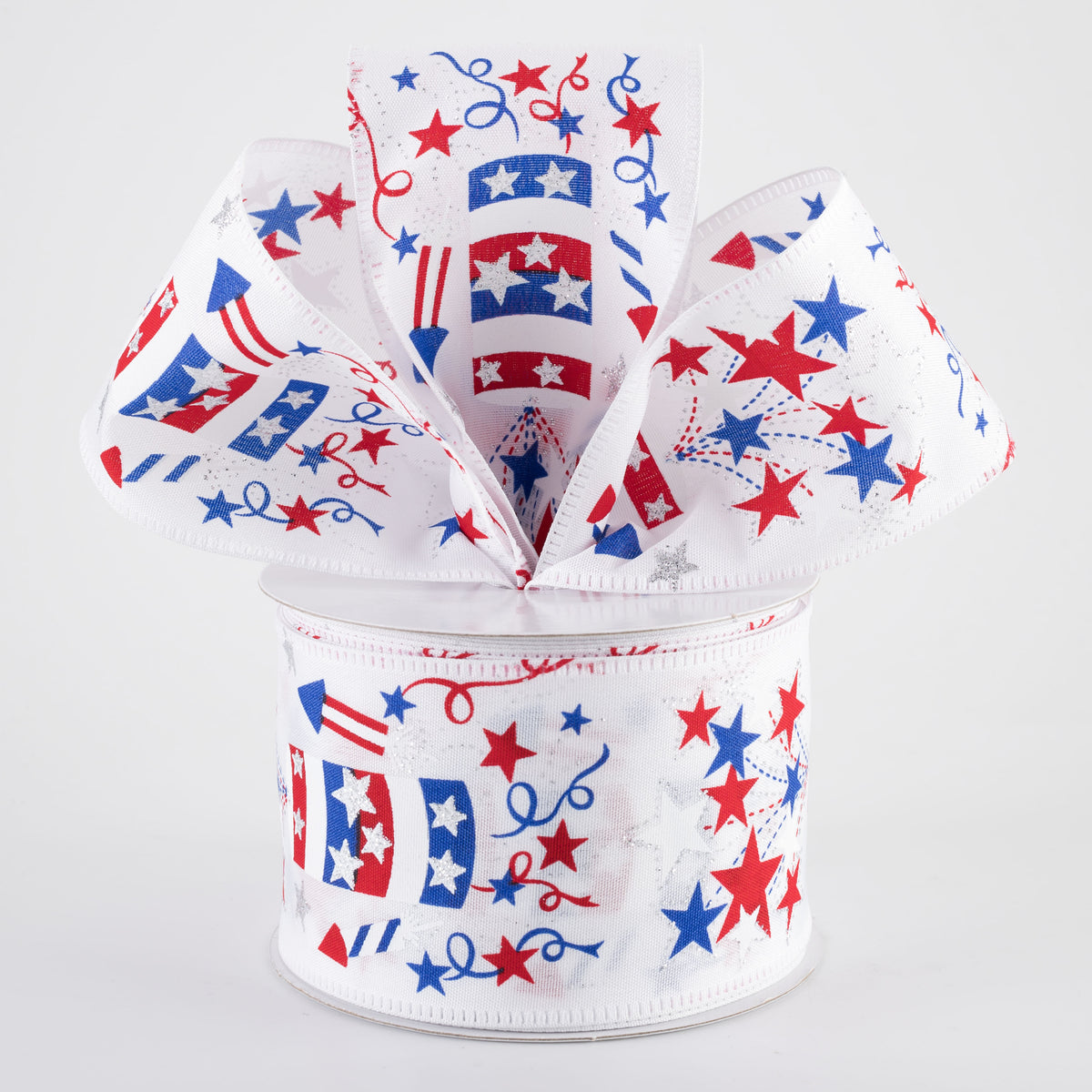 2.5" Glittered Fireworks Rockets Ribbon: White (10 Yards)