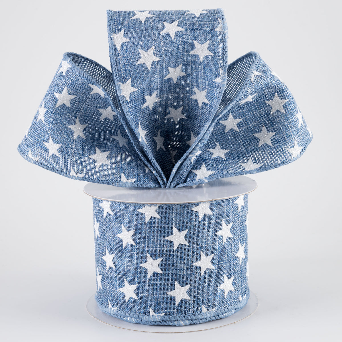 2.5" Linen Glitter Stars Ribbon: White on Denim (10 Yards)