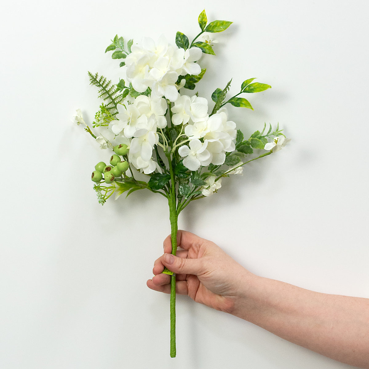 18" Hydrangea Blossoms & Mixed Leaves Pick: Cream
