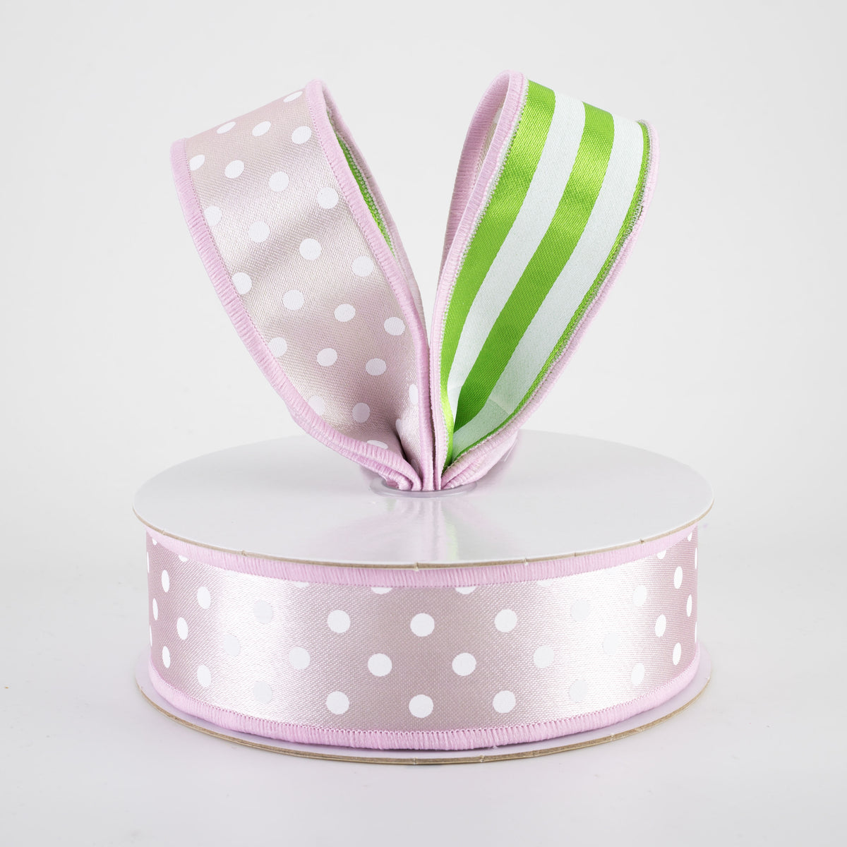 1.5" Double Sided Fused Polka Dots & Stripes Ribbon: Pink, Green & White (10 Yards)