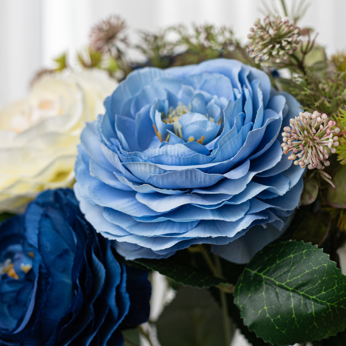21" Ranunculus Bush: Cream & Blue Mix (12 Stem)