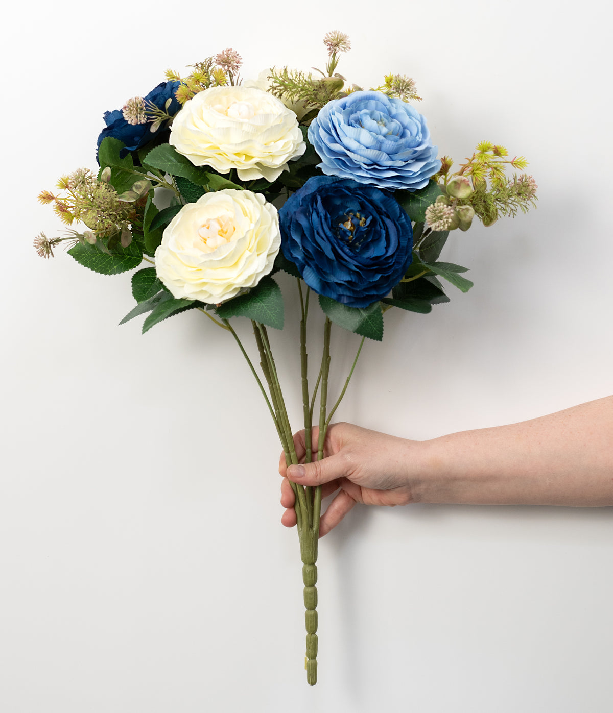 21" Ranunculus Bush: Cream & Blue Mix (12 Stem)