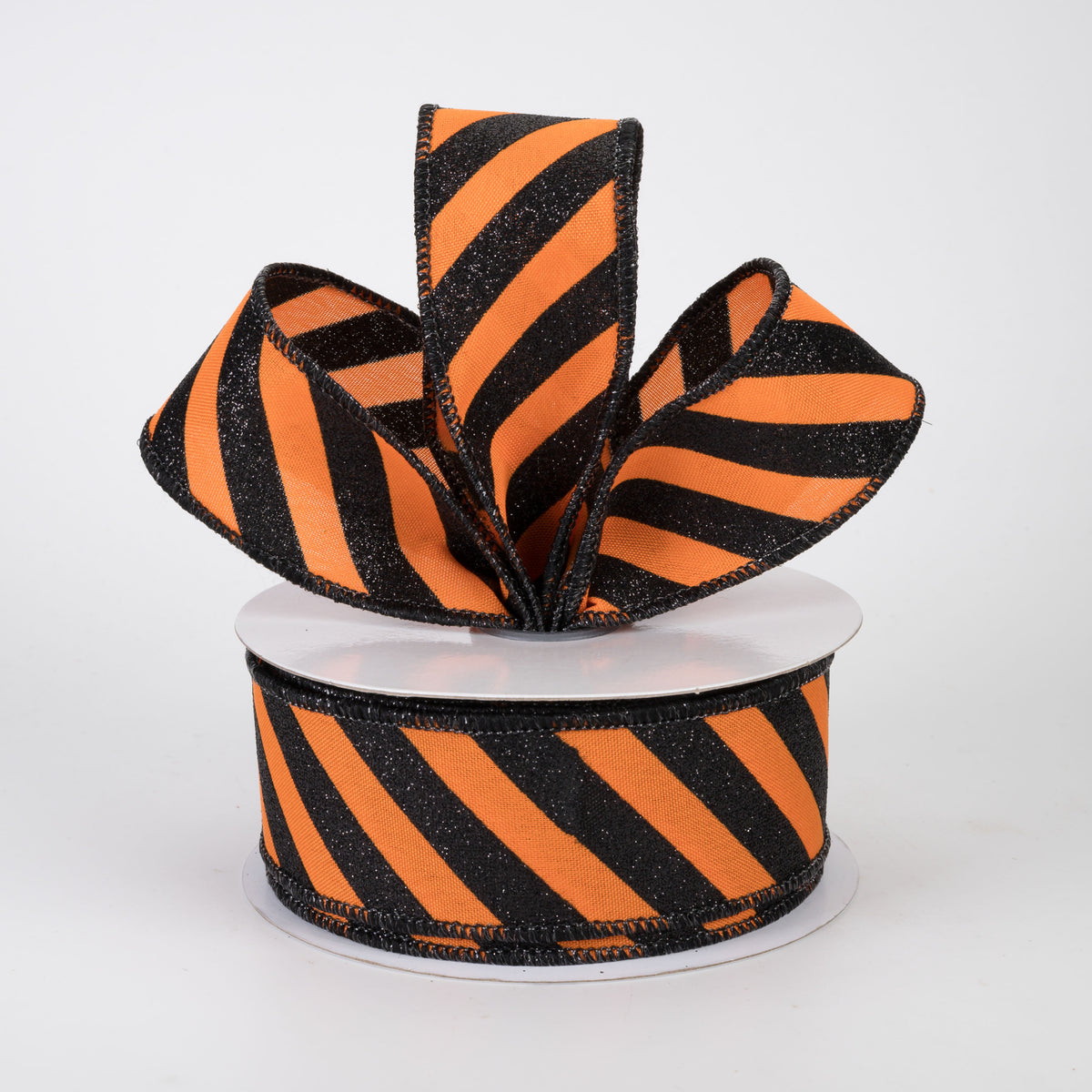 1.5" Diagonal Glitter Stripe Canvas Ribbon: Black on Orange (10 Yards)