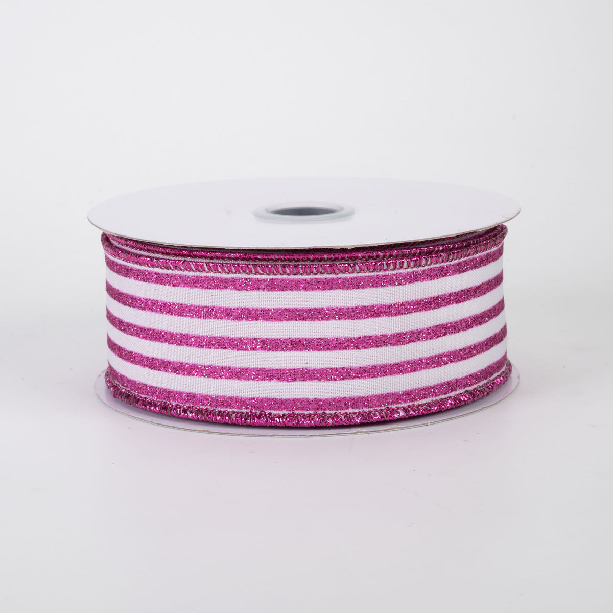 1.5" Glitter Vertical Stripe Ribbon: Hot Pink on White (10 Yards)