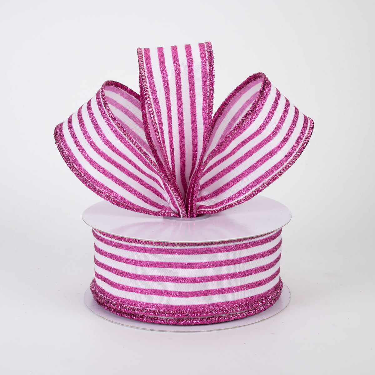 1.5" Glitter Vertical Stripe Ribbon: Hot Pink on White (10 Yards)