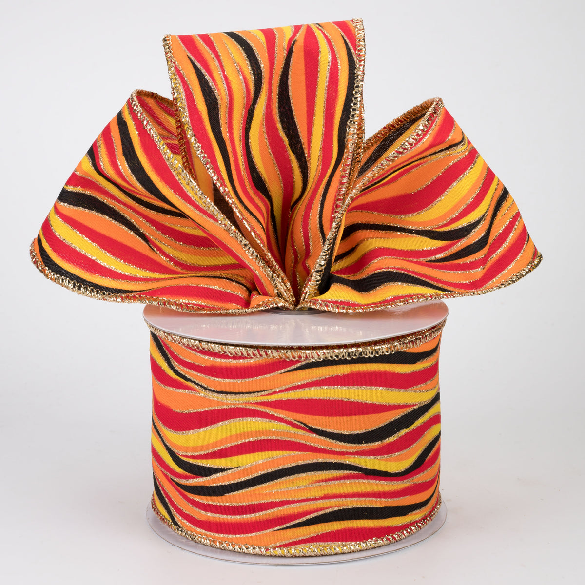 2.5" Glittered Wavy Stripes Ribbon: Red, Orange, Yellow & Black (10 Yards)