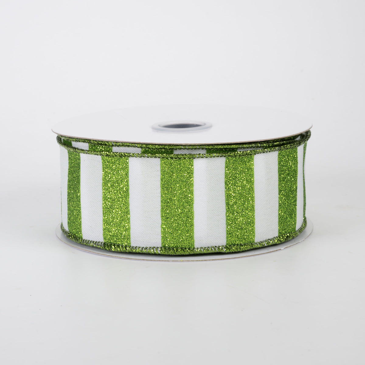1.5" Horizontal Glitter Stripes Ribbon: Lime Green on White (10 Yards)