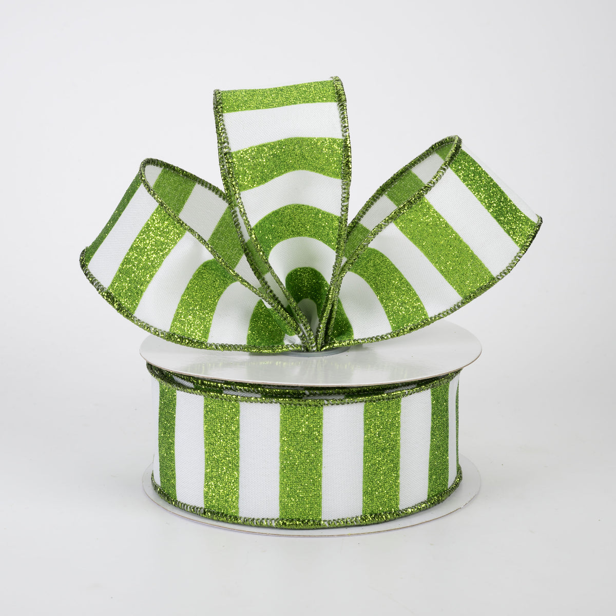1.5" Horizontal Glitter Stripes Ribbon: Lime Green on White (10 Yards)