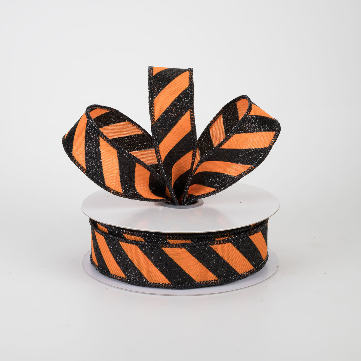 7/8" Diagonal Glitter Stripe Canvas Ribbon: Black on Orange (10 Yards)