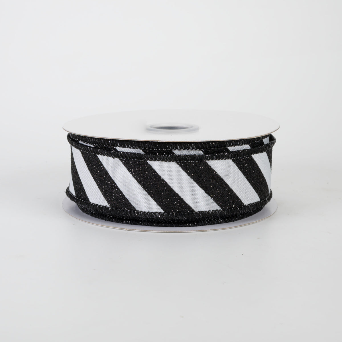 7/8" Diagonal Glitter Stripe Canvas Ribbon: Black on White (10 Yards)
