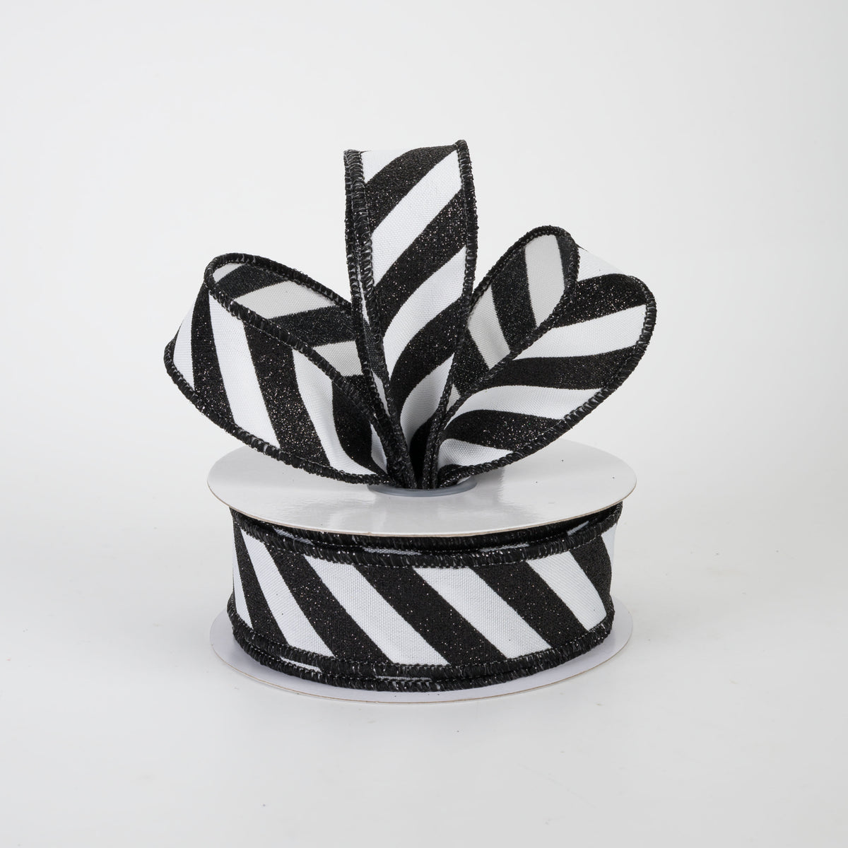 7/8" Diagonal Glitter Stripe Canvas Ribbon: Black on White (10 Yards)
