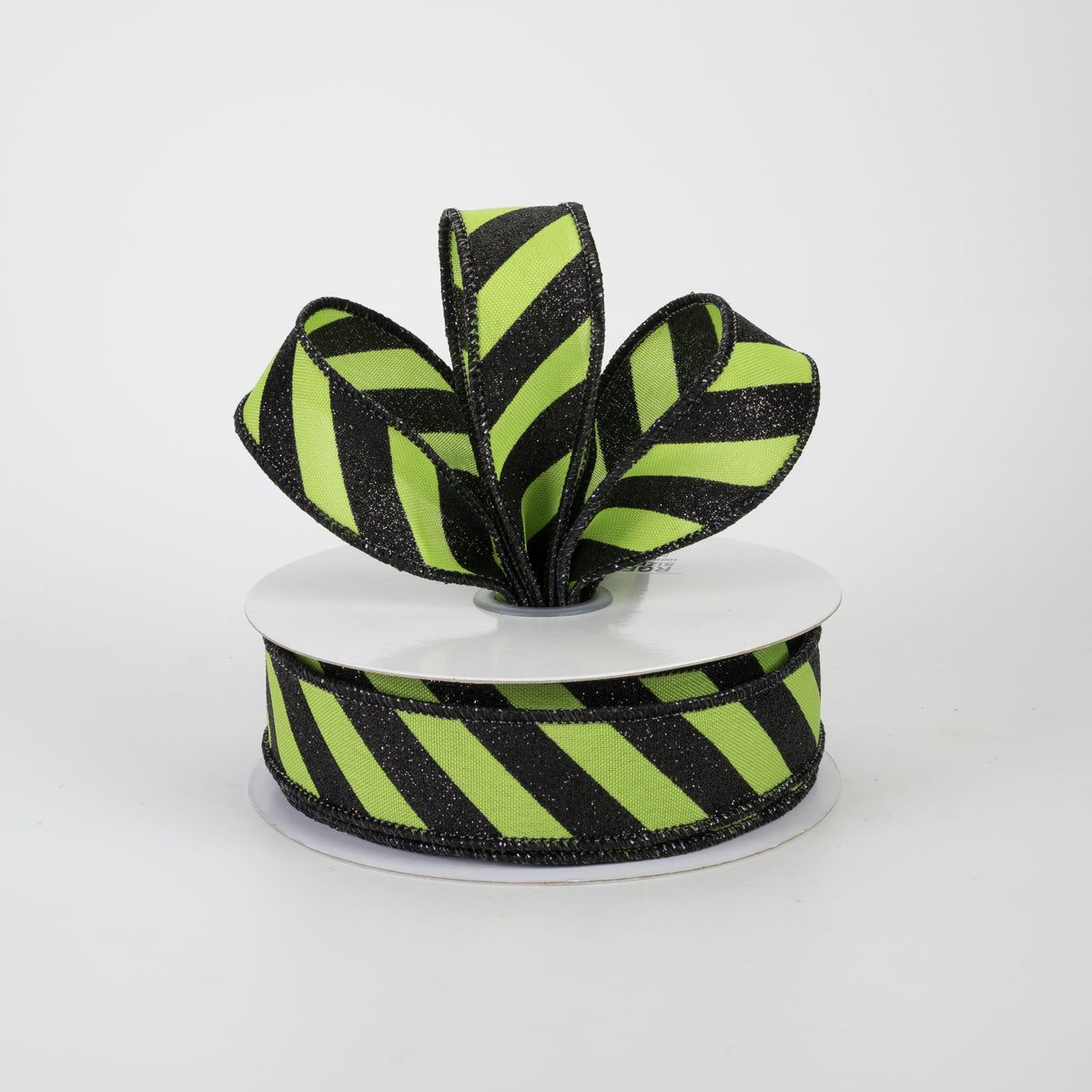 7/8" Diagonal Glitter Stripe Canvas Ribbon: Black on Lime Green (10 Yards)