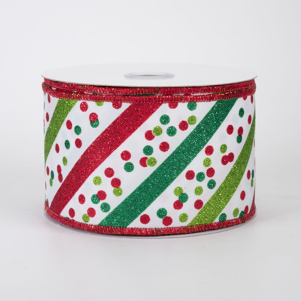 2.5" Diagonal Glitter Stripes & Confetti Dots Ribbon: White, Green & Red (10 Yards)