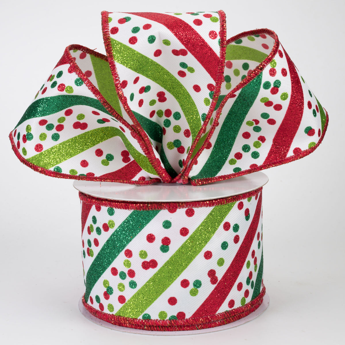 2.5" Diagonal Glitter Stripes & Confetti Dots Ribbon: White, Green & Red (10 Yards)
