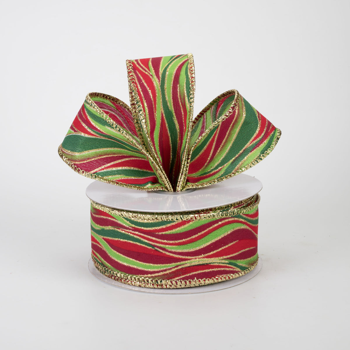 1.5" Glittered Wavy Stripes Ribbon: Red, Emerald & Lime Green (10 Yards)