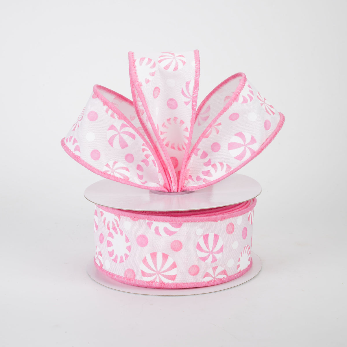 1.5" Christmas Candy Peppermints Ribbon: Pink & White (10 Yards)
