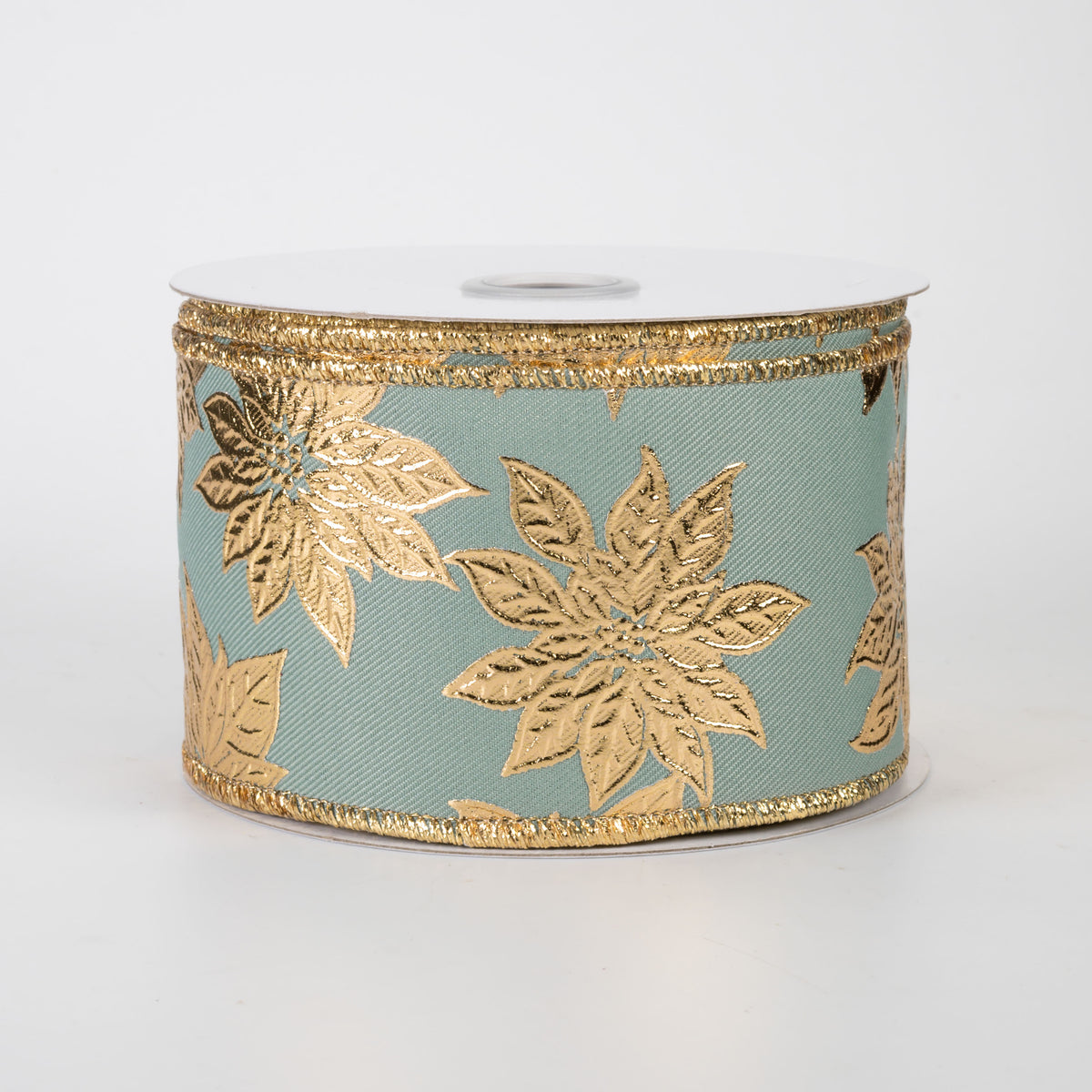 2.5" Metallic Poinsettia Ribbon: Gold on Sage Green (10 Yards)
