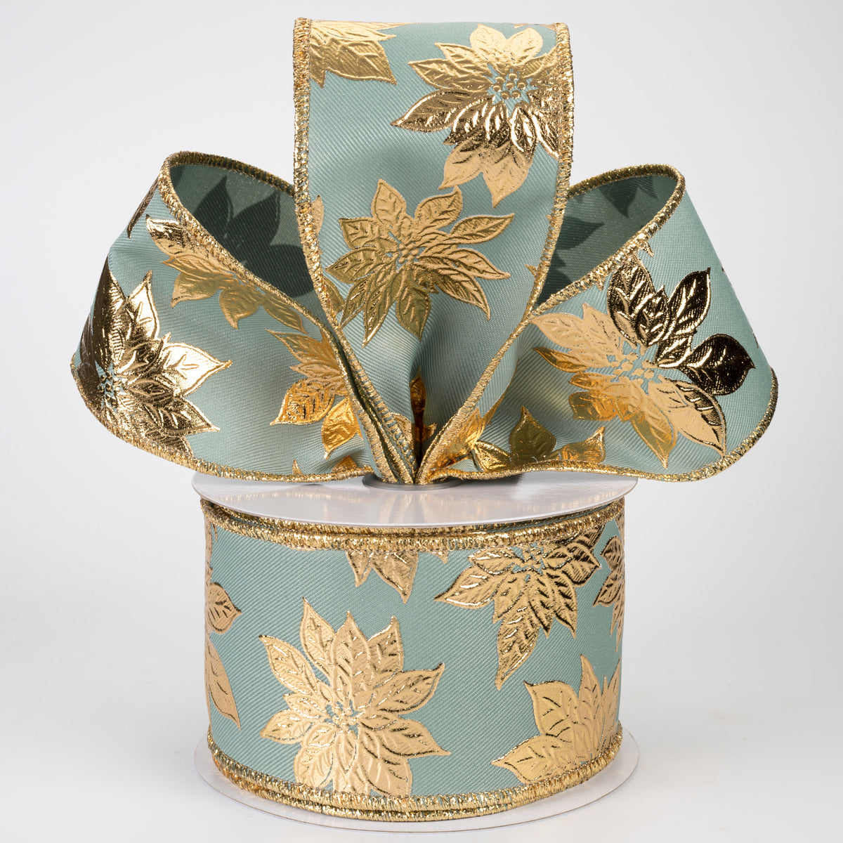 2.5" Metallic Poinsettia Ribbon: Gold on Sage Green (10 Yards)