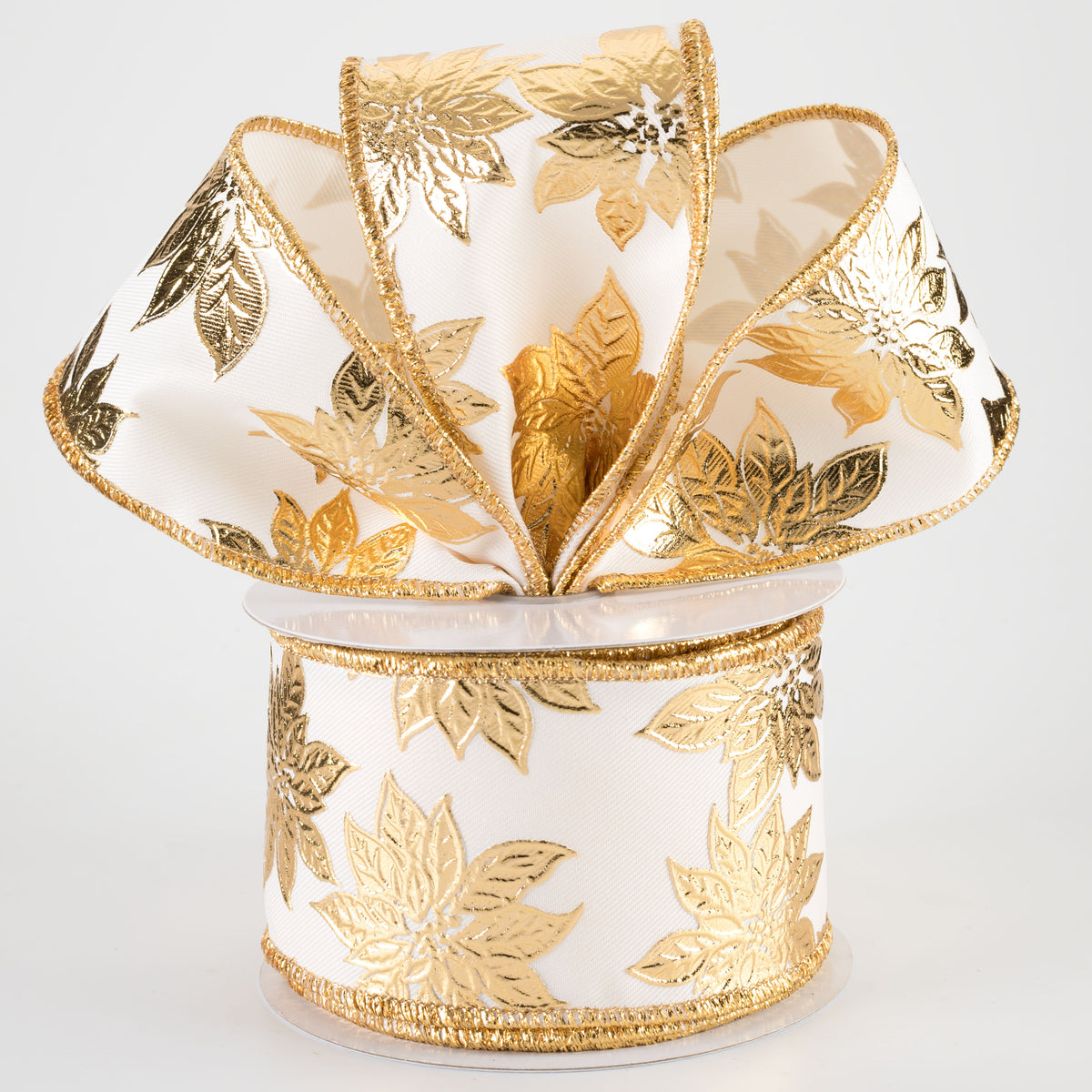 2.5" Metallic Poinsettia Ribbon: Gold on Ivory (10 Yards)