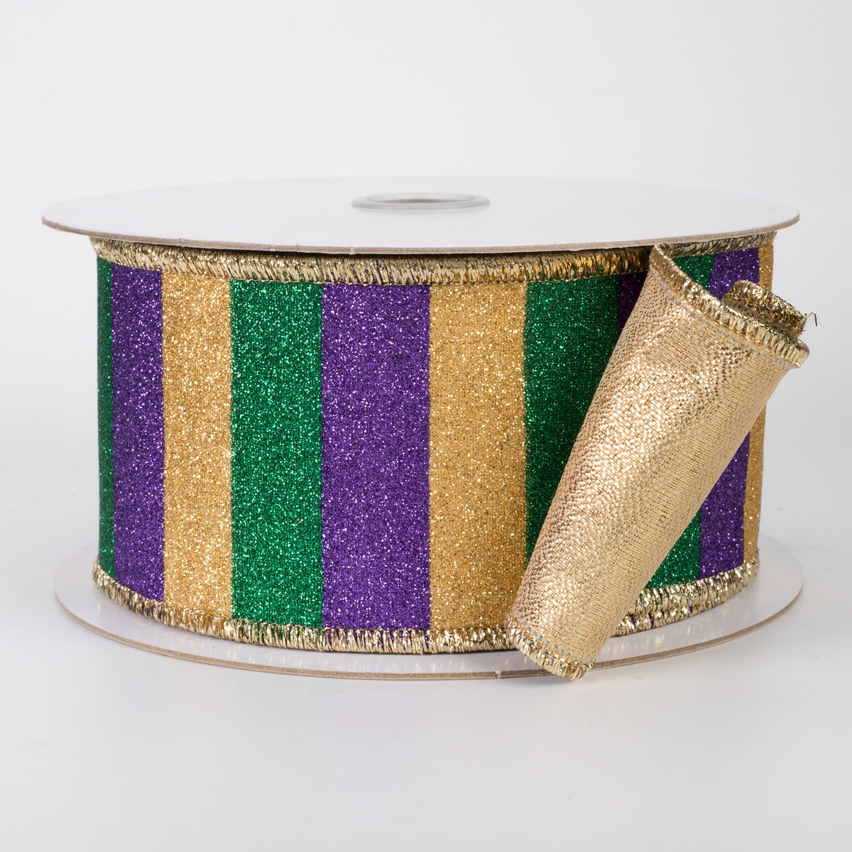 2.5" Double Sided Fused Glitter Stripes Ribbon: Mardi Gras (10 Yards)