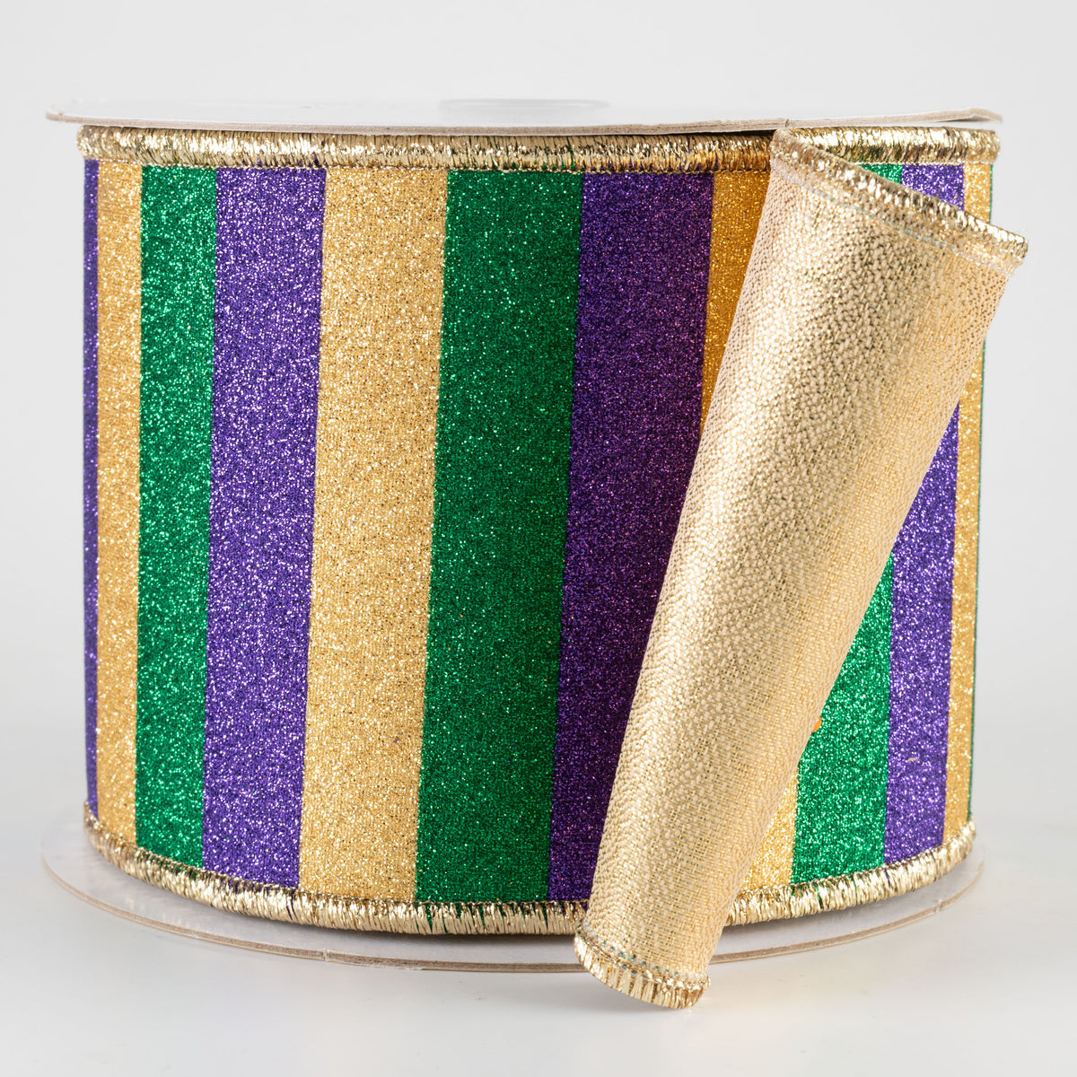 4" Double Sided Fused Glitter Stripes Ribbon: Mardi Gras (10 Yards)