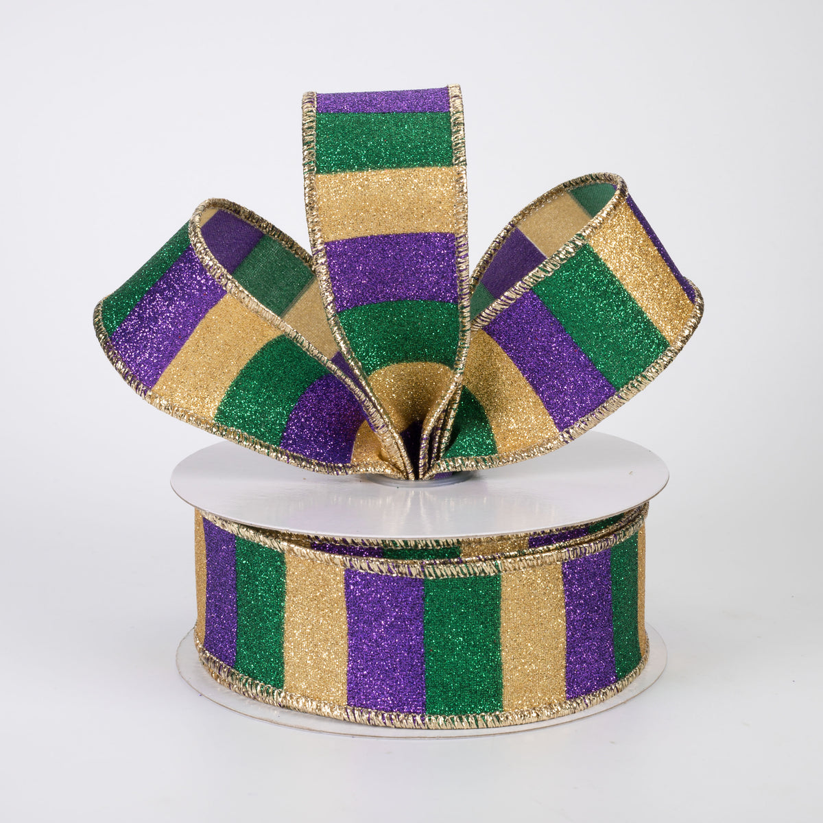 1.5" Horizontal Glitter Stripes Ribbon: Mardi Gras (10 Yards)