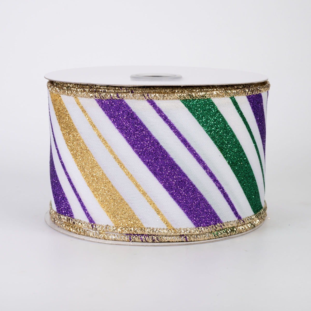 2.5" Multi Glitter Diagonal Stripe Ribbon: Mardi Gras on White (10 Yards)