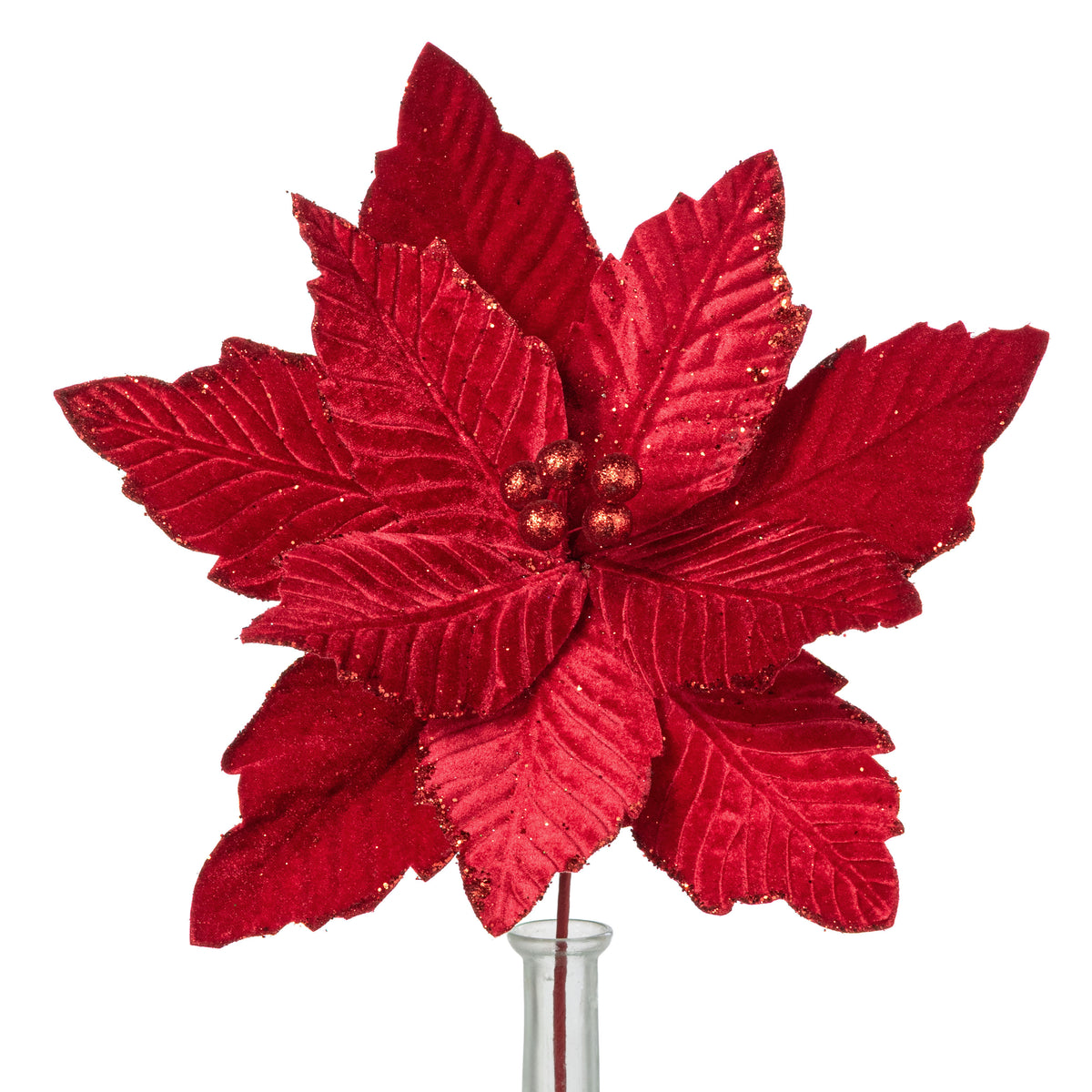14" x 17" Glittered Velvet Poinsettia Stem: Red