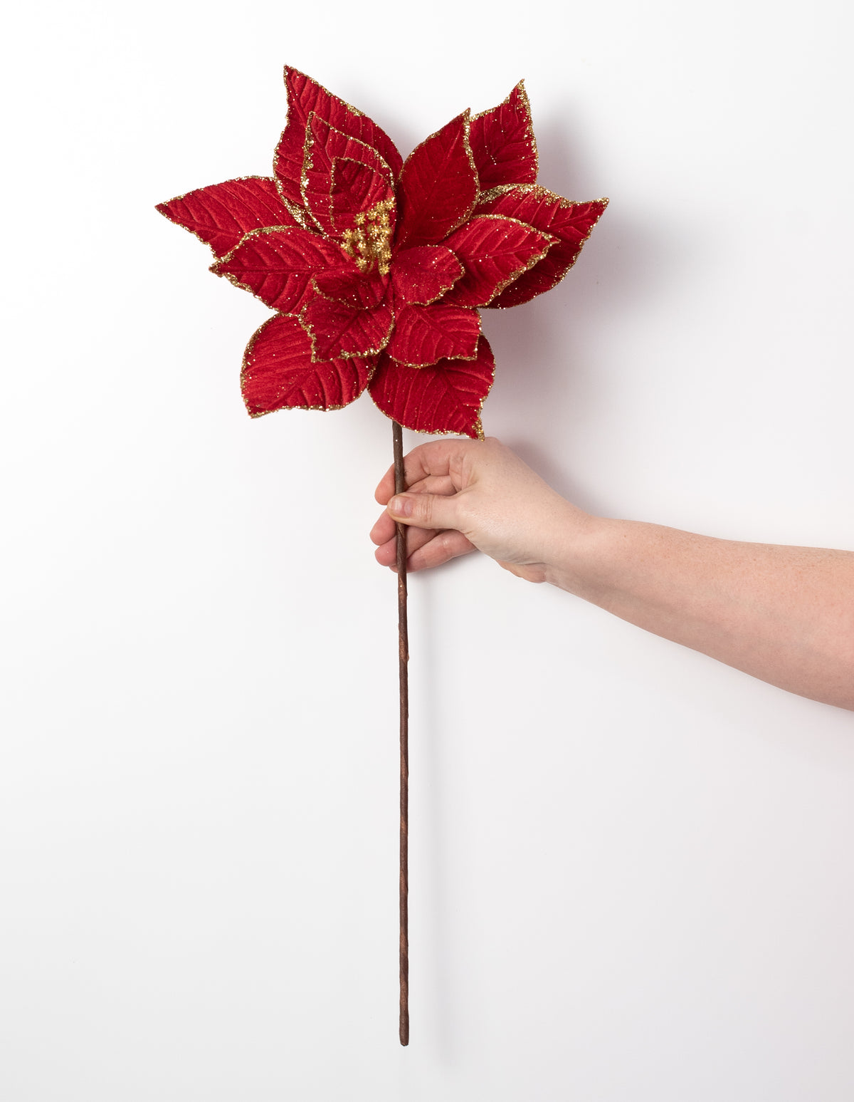 11.5" x 25" Glittered Velvet Poinsettia Stem: Red & Gold