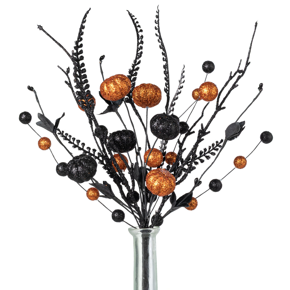 17" Glitter Pumpkins, Balls & Ferns Pick: Orange & Black