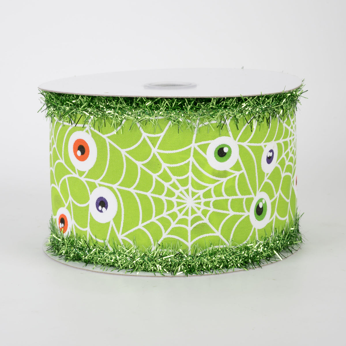 2.5" Tinsel Edge Monster Eyeballs in Spiderweb Ribbon: Lime Green (10 Yards)