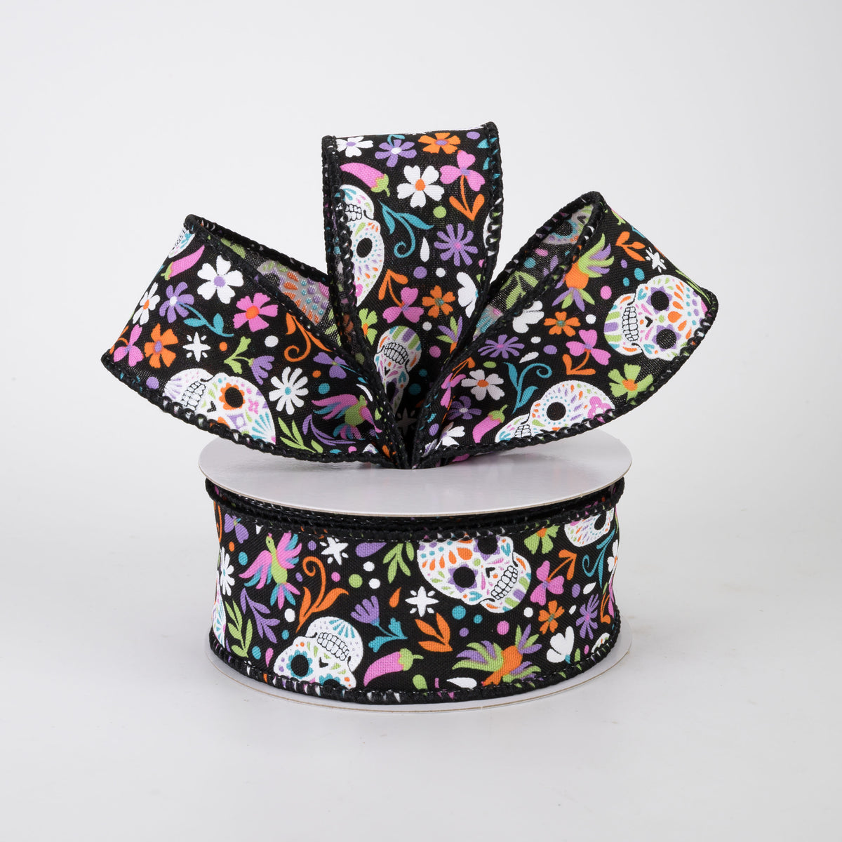1.5" Calaveras Day of the Dead Skull Ribbon: Black (10 Yards)