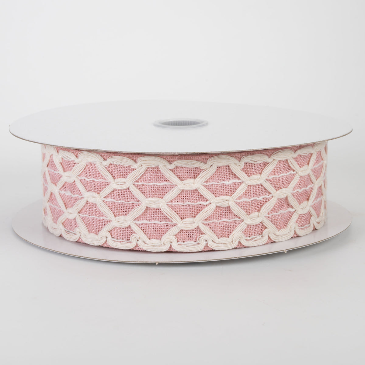 1.5" Ivory Scalloped Weave on Linen Ribbon: Blush Pink (10 Yards)