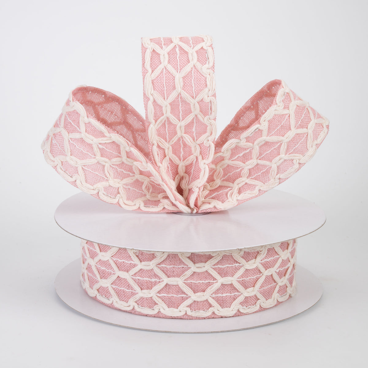1.5" Ivory Scalloped Weave on Linen Ribbon: Blush Pink (10 Yards)