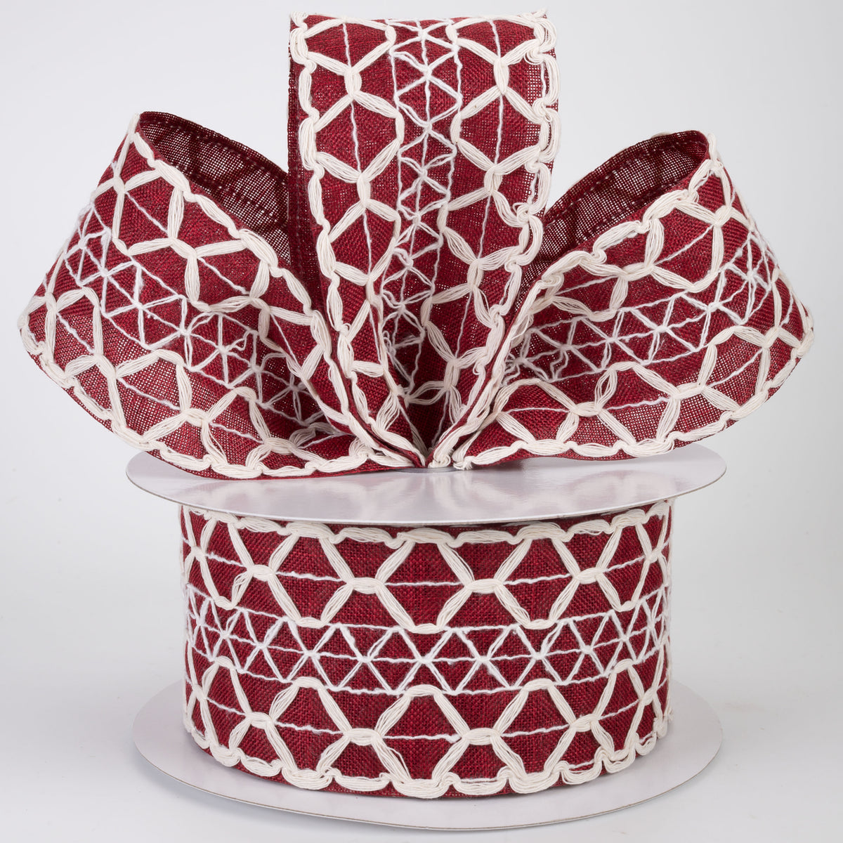 2.5" Ivory Scalloped Weave on Linen Ribbon: Dark Red (10 Yards)