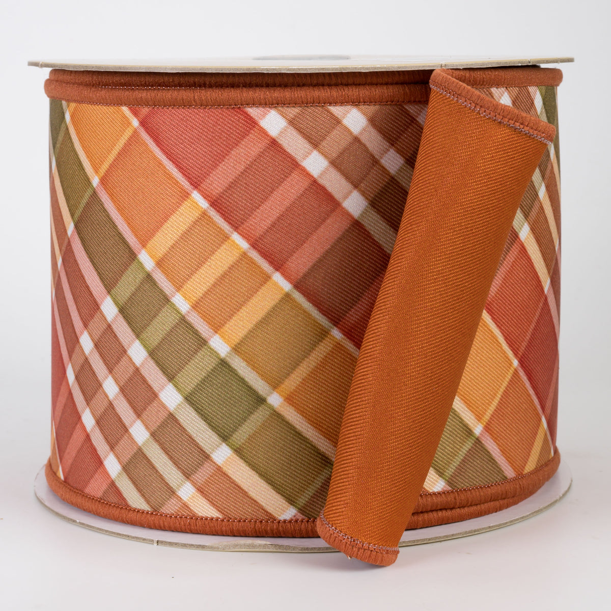 4" Double Sided Fused Fall Plaid Ribbon: Ivory, Rust & Moss (10 Yards)