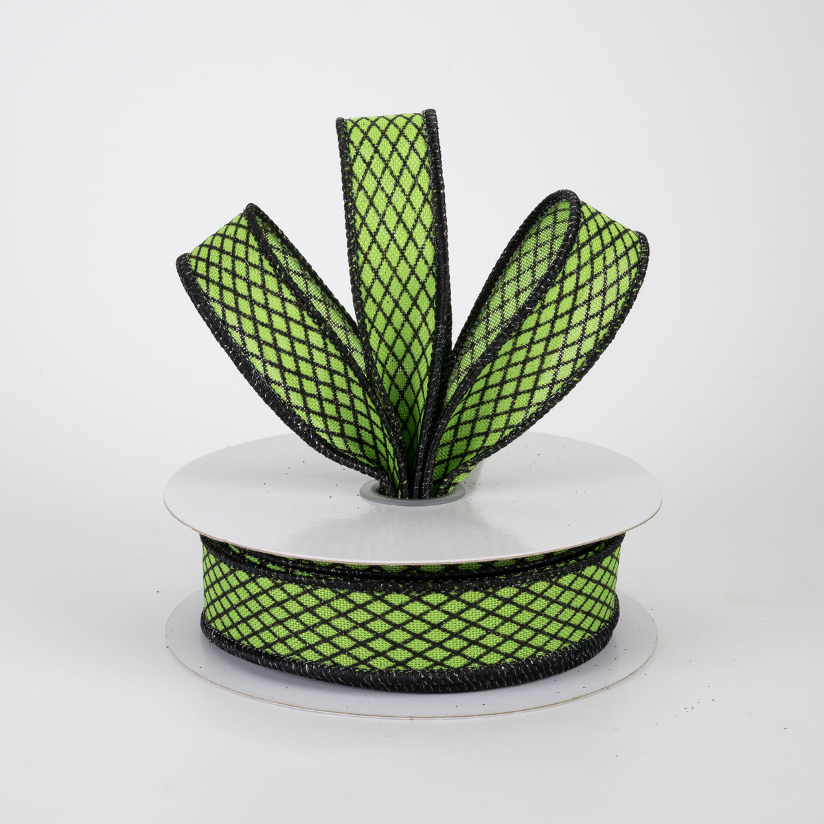 7/8" Mini Glitter Harlequin Ribbon: Black on Green (10 Yards)