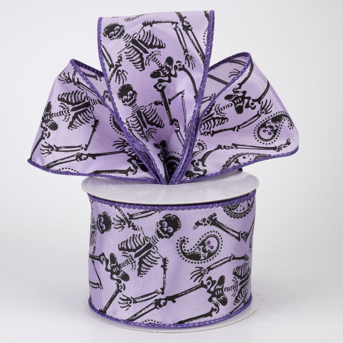 2.5" Skull & Bones Paisley Ribbon: Black on Lavender (10 Yards)