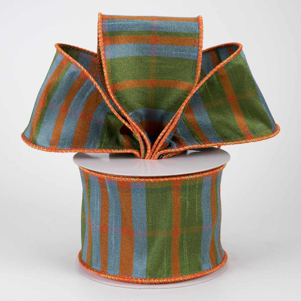 2.5" Faux Dupioni Plaid Ribbon: Moss, Orange & Smoke Blue (10 Yards)