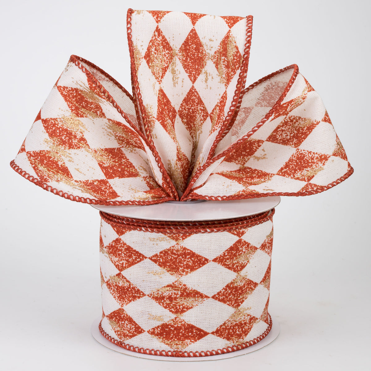 2.5" Canvas Harlequin Gold Painted Ribbon: Cream & Rust Orange (10 Yards)
