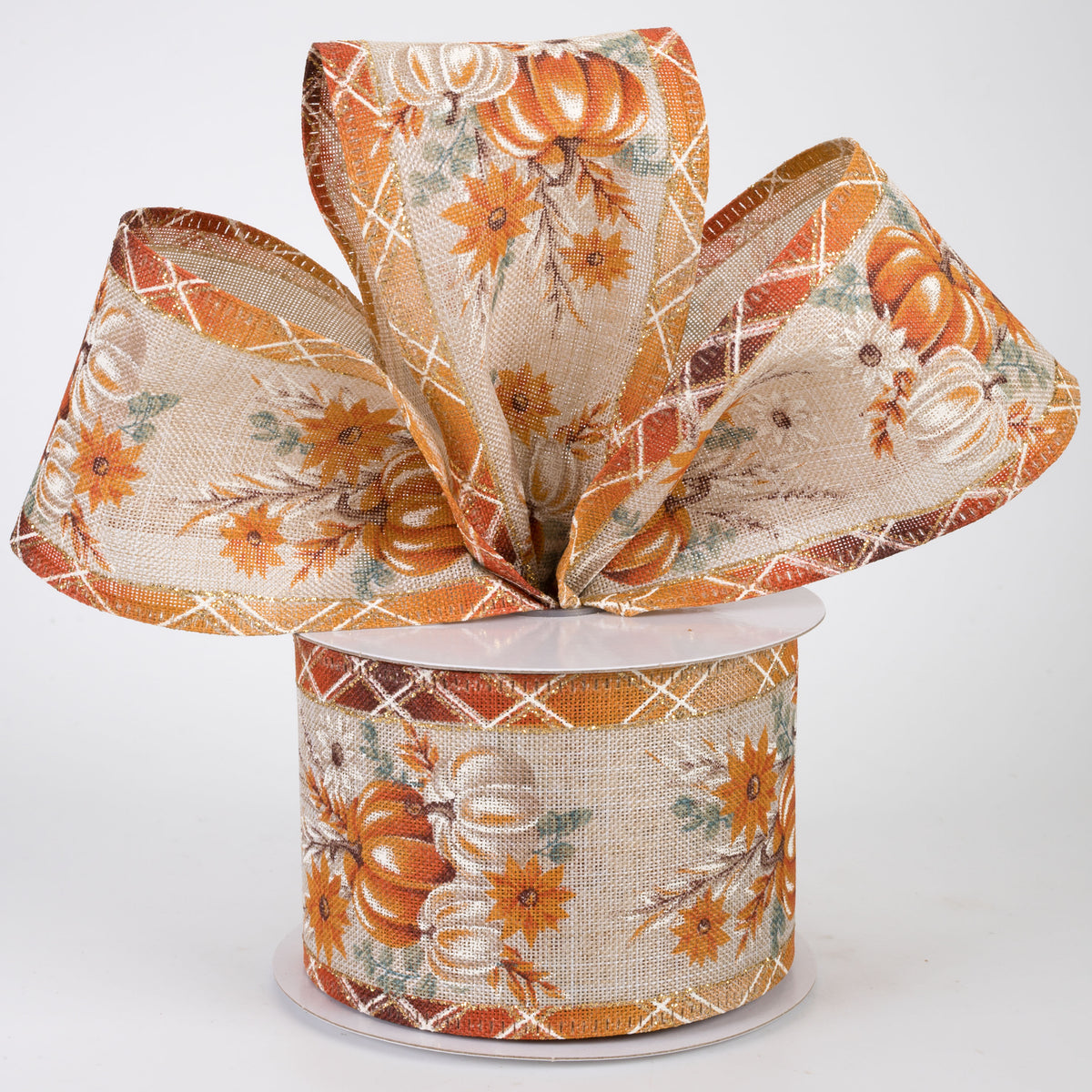 2.5" Pumpkins & Pampas Grass Plaid Edge Ribbon (10 Yards)