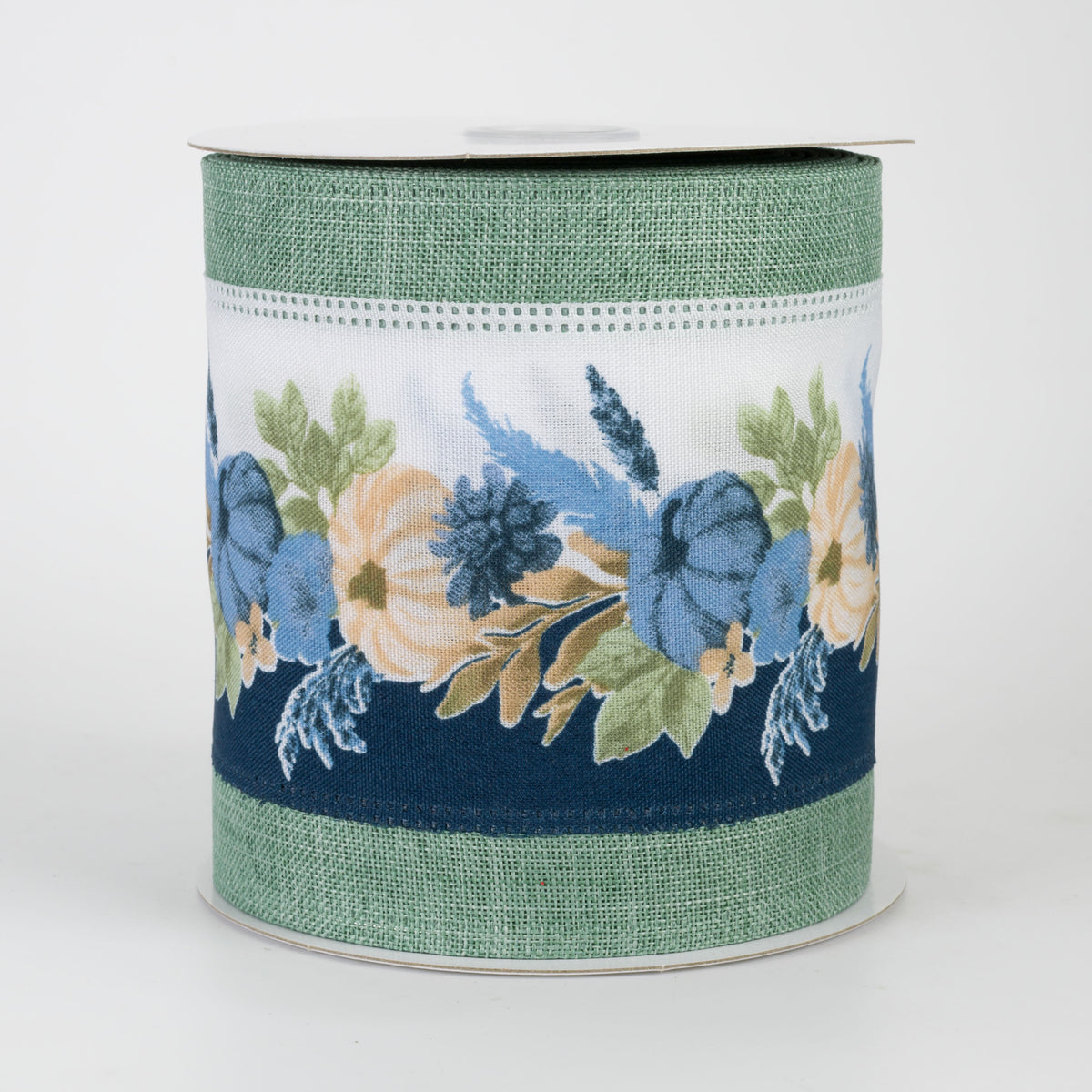 4" Navy Fall Pampas & Pumpkins Linen Edge Ribbon: Sage Green (10 Yards)