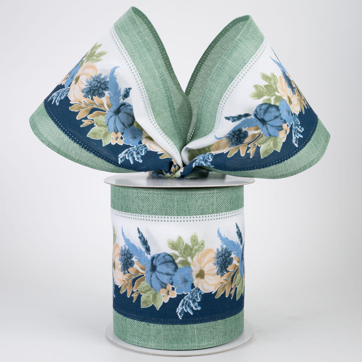 4" Navy Fall Pampas & Pumpkins Linen Edge Ribbon: Sage Green (10 Yards)