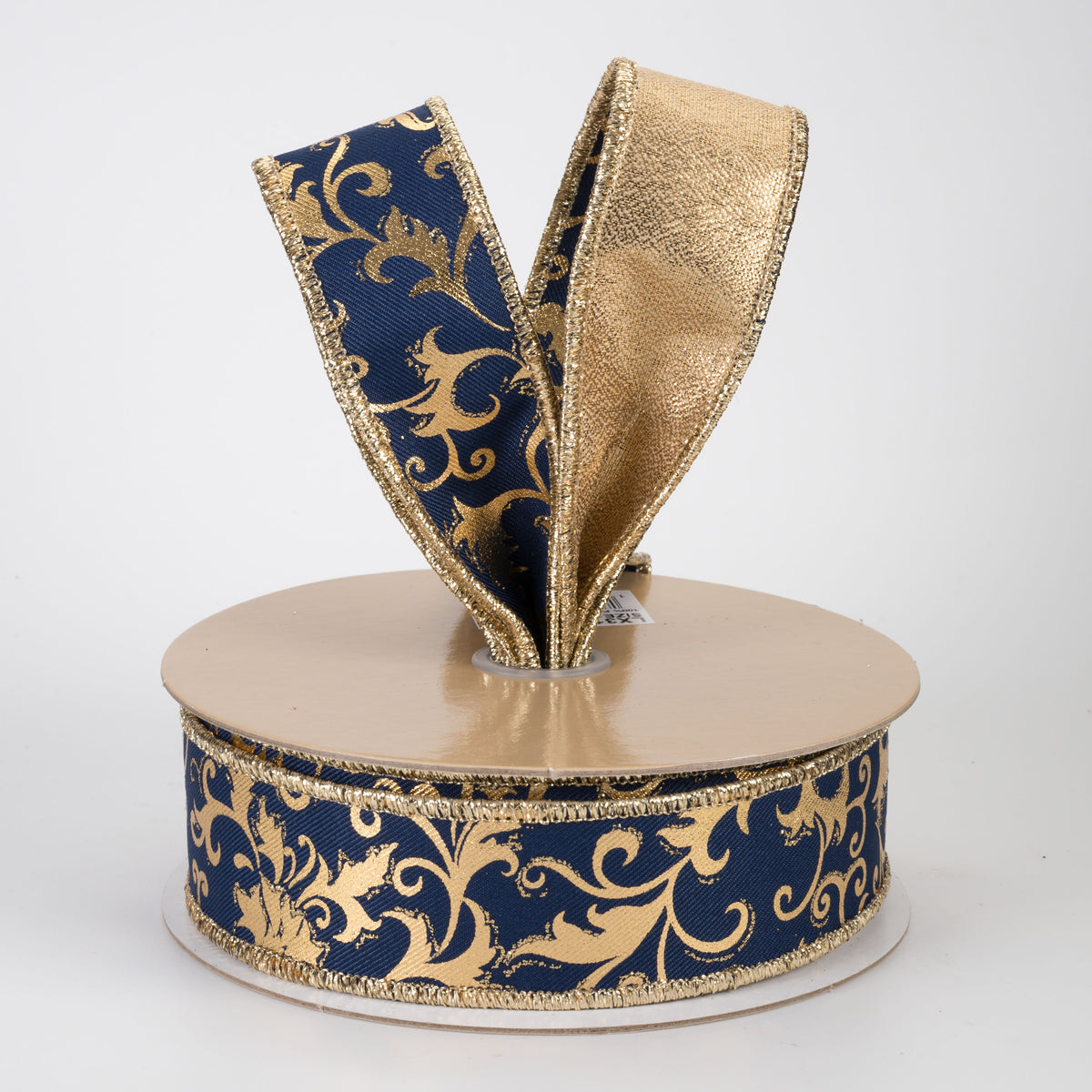 1.5" Double Sided Fused Metallic Swirl Leaf Ribbon: Navy & Gold (10 Yards)