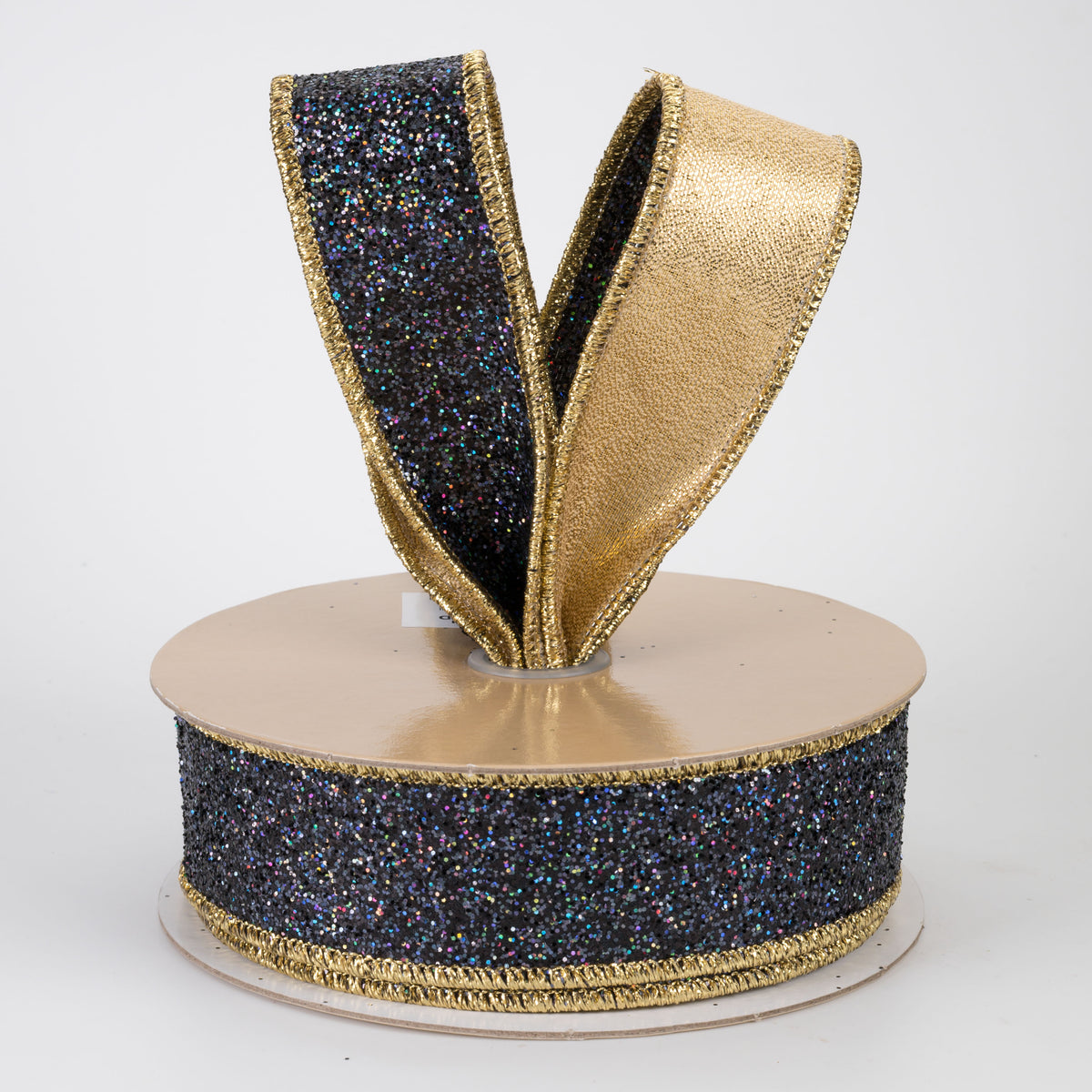 1.5" Double Sided Fused Laser Glitter Ribbon: Black & Gold (10 Yards)